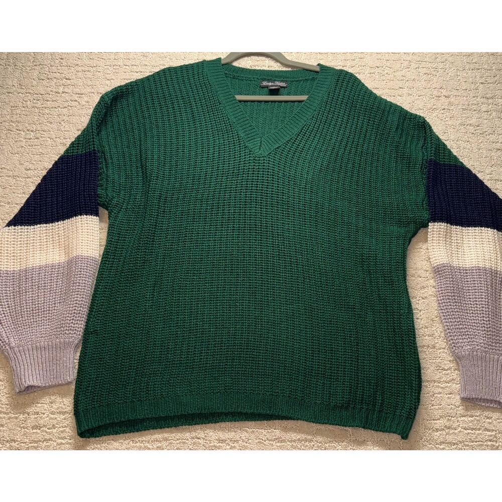 Evelyn Taylor‎ Colorblock Knit Sweater V-Neck 1X Green Multi Stripe Chunky